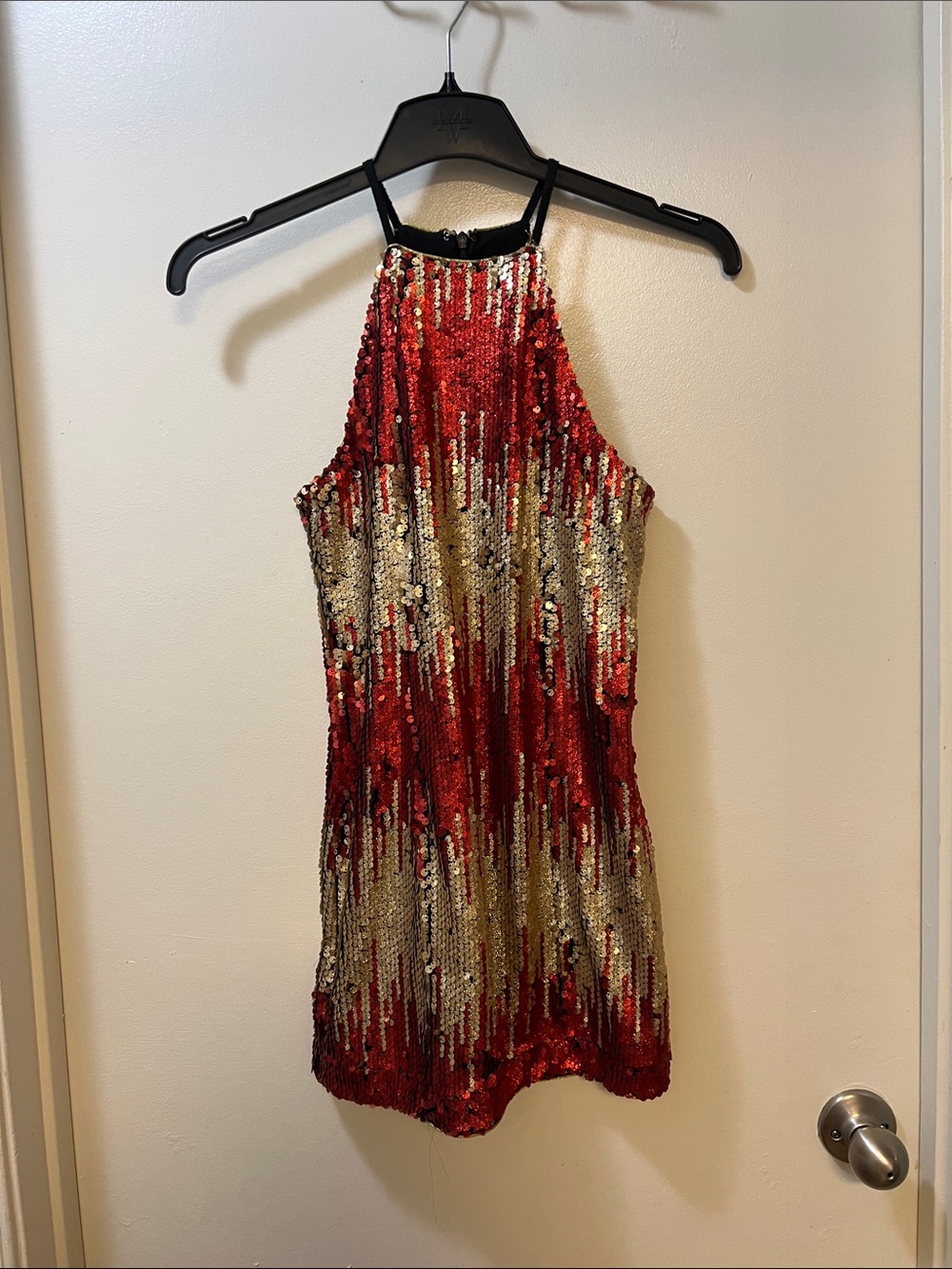 NBD Red and Gold Sequin Halter Mini Dress